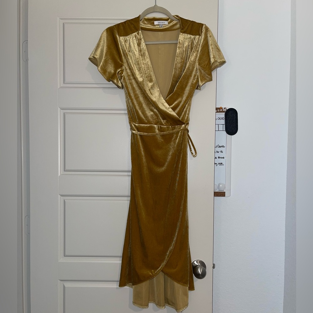 Velvet Gold Wrap Midi Dress